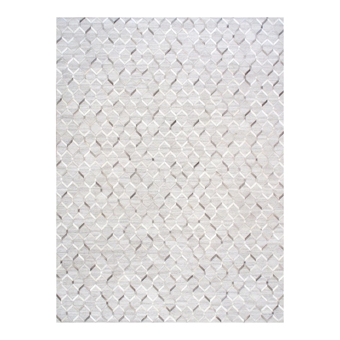 Galaxy Cowhide & Sari Silk Silver Area Rug, 5' 0'' X 8' 0'': The Galaxy Collection provides a fresh take on classic geometric design. Hand-stitched by skilled artisans. These rugs are given a unique texture and subtle shifts in color with the use of cowhide and