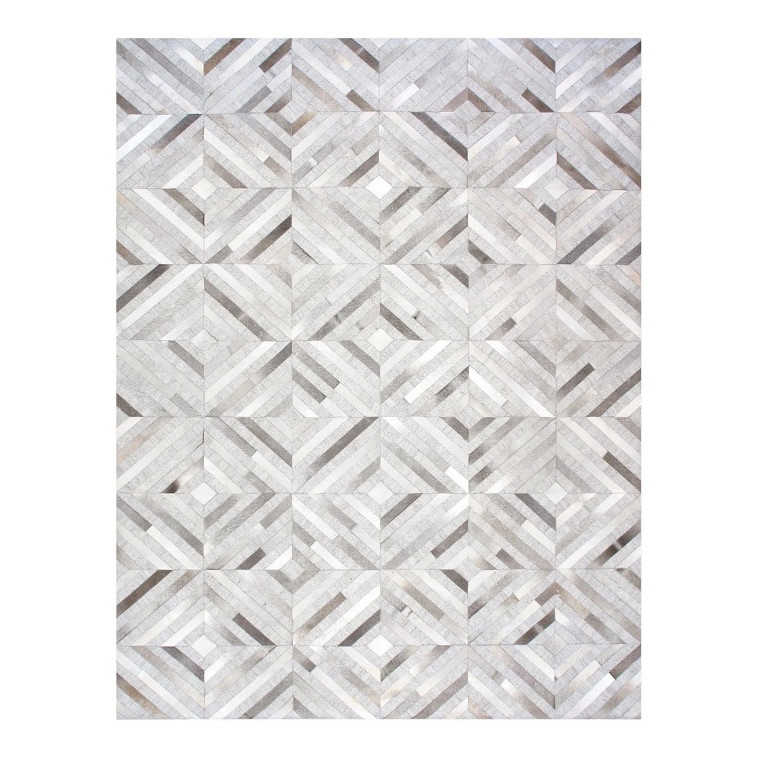 Galaxy Cowhide & Sari Silk Silver Area Rug, 5' 0'' X 8' 0'': The Galaxy Collection provides a fresh take on classic geometric design. Hand-stitched by skilled artisans. These rugs are given a unique texture and subtle shifts in color with the use of cowhide and
