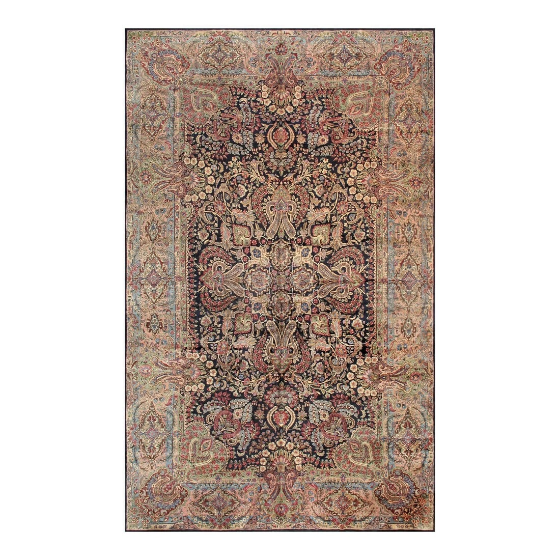 1910s Antique Kerman Wool Area Rug-10' 9" X 17' 8", Navy/Rose (1 of 8)