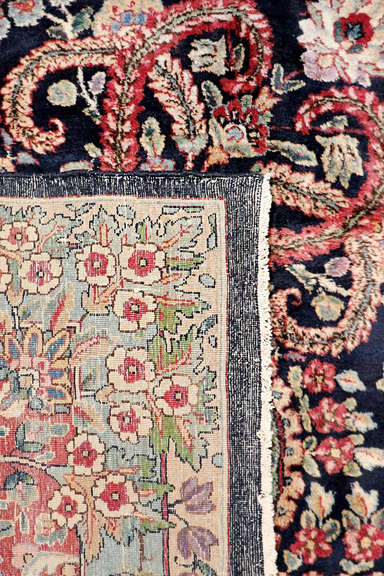 1910s Antique Kerman Wool Area Rug-10' 9" X 17' 8", Navy/Rose - 5