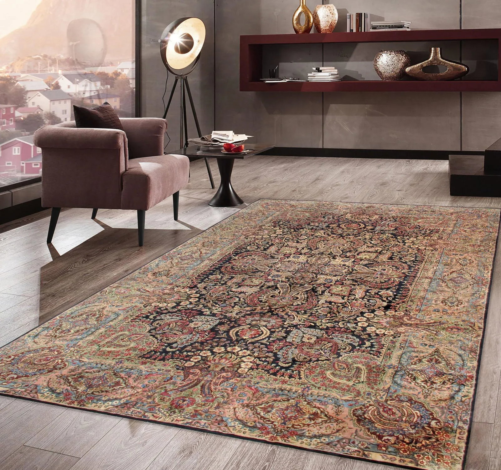 1910s Antique Kerman Wool Area Rug-10' 9" X 17' 8", Navy/Rose - 7