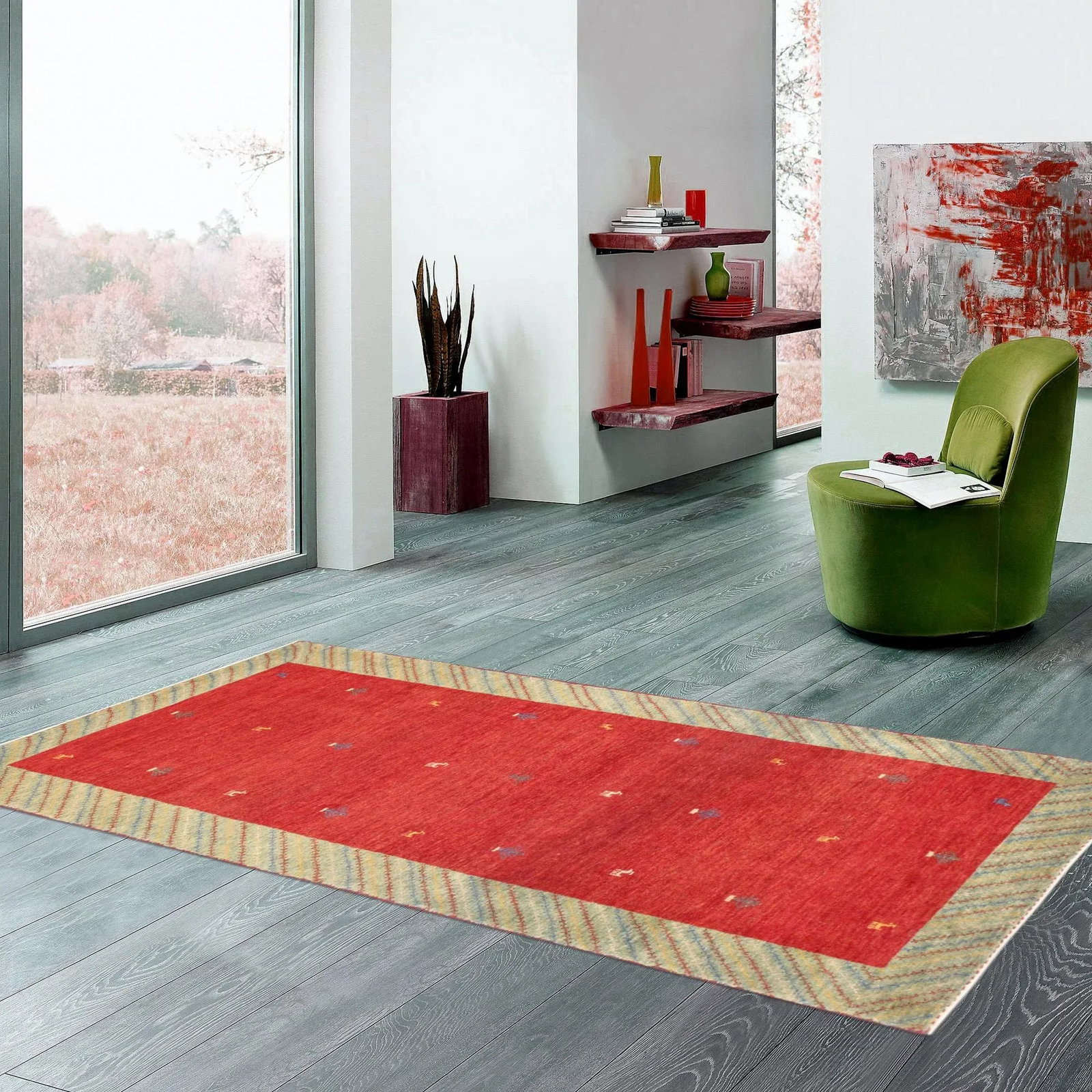 Pasargad Home Gabbeh Lamb's Wool Area Rug, 2' 9" X 6' 5", Red - 4