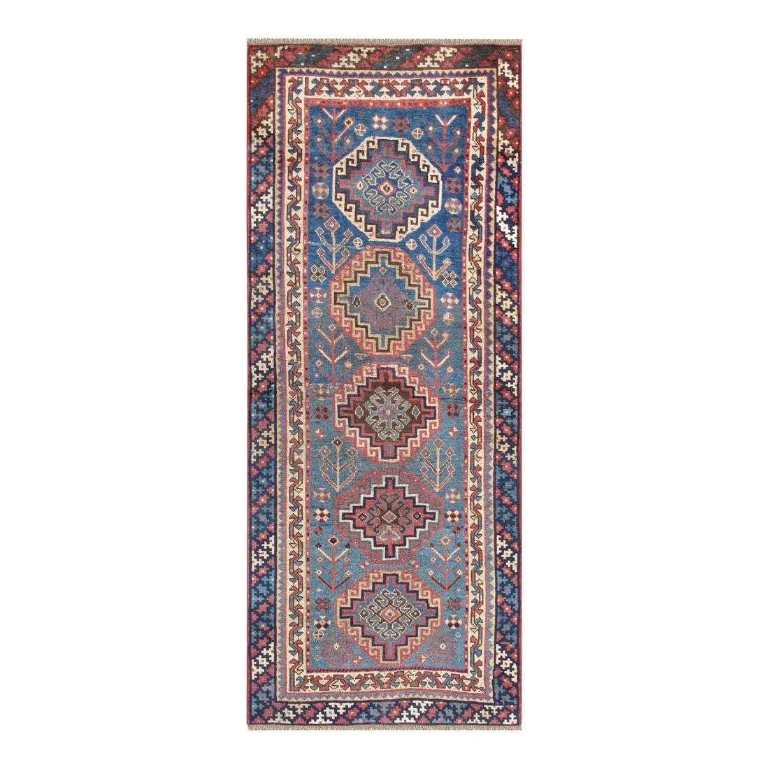 Vintage Kazak Lamb's Wool Area Rug, 3'11" X 10' 1", Blue: Pasargad Home Kazak Collection is inspired by antique Caucasian rugs that are made by villages and tribes of Azerbaijan. Made of hand-spun, hand-shredded high mountain lamb is wool with all natural ve