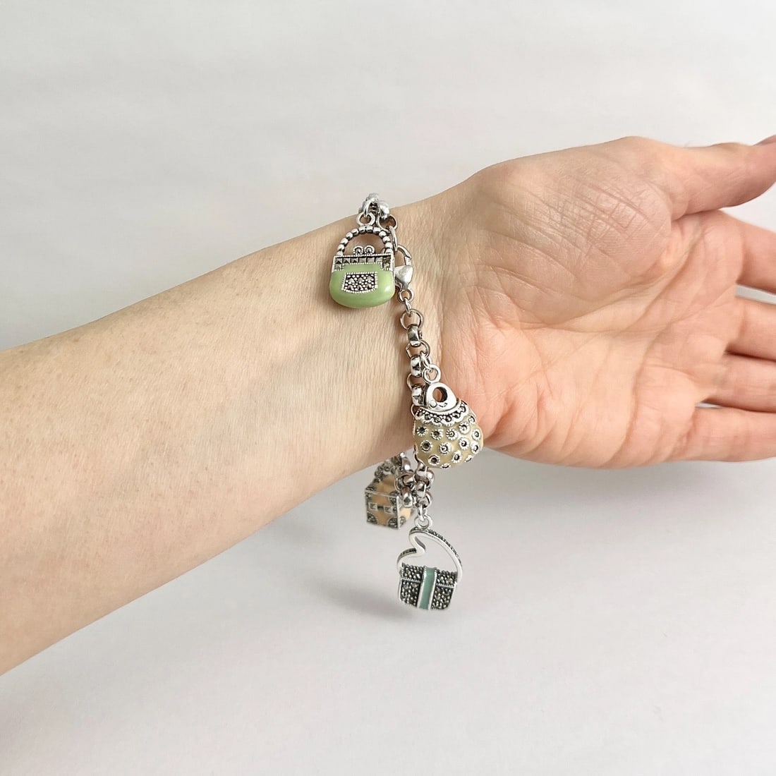 Vintage Judith Jack Enamel Purse Charm Bracelet Sterling Silver, 38.02 Grams - 8