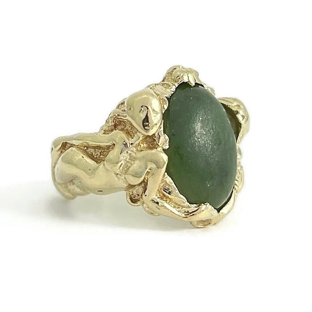 Antique Art Nouveau Jade Woman Female Figure Form Ring 14K Yellow Gold, 11.44 Gr - 2