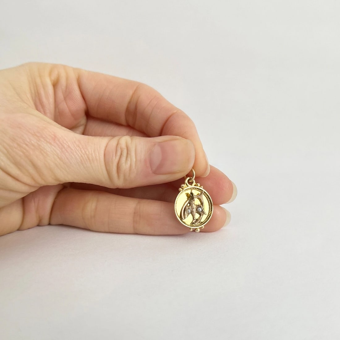 Antique Bird Wishbone Seed Pearl Necklace Pendant Charm 14K Yellow Gold, 1.99 Gr - 3