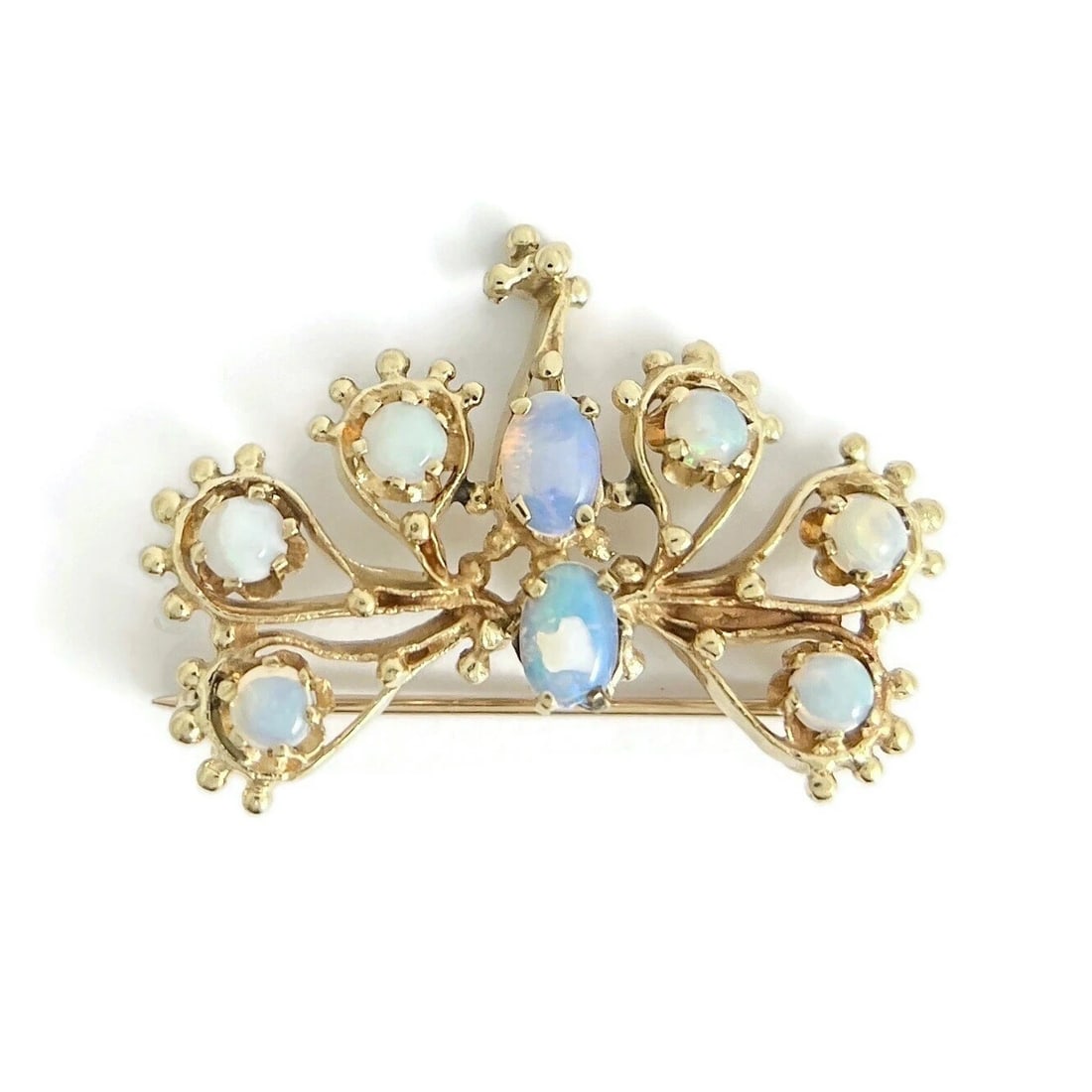Vintage 1950's Opal Peacock Bird Brooch Pin 12K Yellow Gold, 5.65 Gr: Title: Vintage 1950's Opal Peacock Bird Brooch Pin 12K Yellow Gold, 5.65 Gr Description: Vintage 1950's Opal Peacock Bird Brooch Pin 12K Yellow Gold, 5.65 Gr This is a gorgeous one-of-a-kind brooch. P