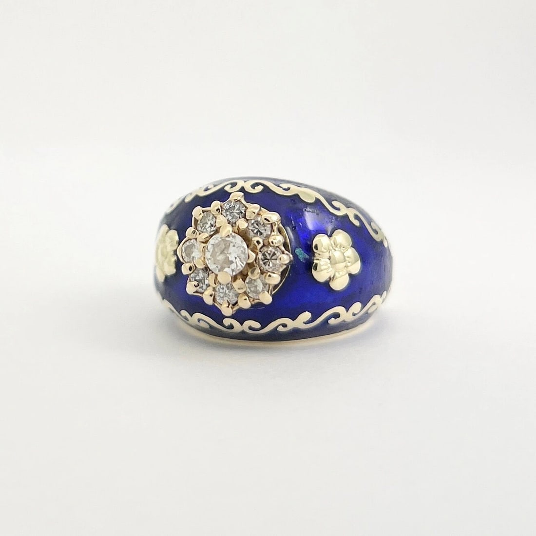 Vintage 1950's Blue Enamel Diamond Flower Cocktail Ring 14K Yellow Gold 11.15 Gr - 7