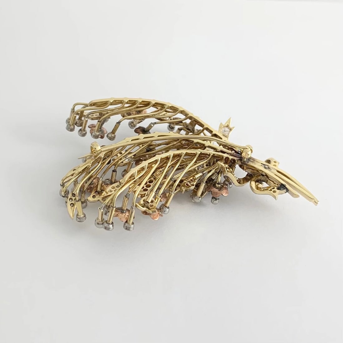 Antique Victorian Enamel Diamond Flower Spray Brooch 18K Yellow Gold, 34.49 Gram - 8