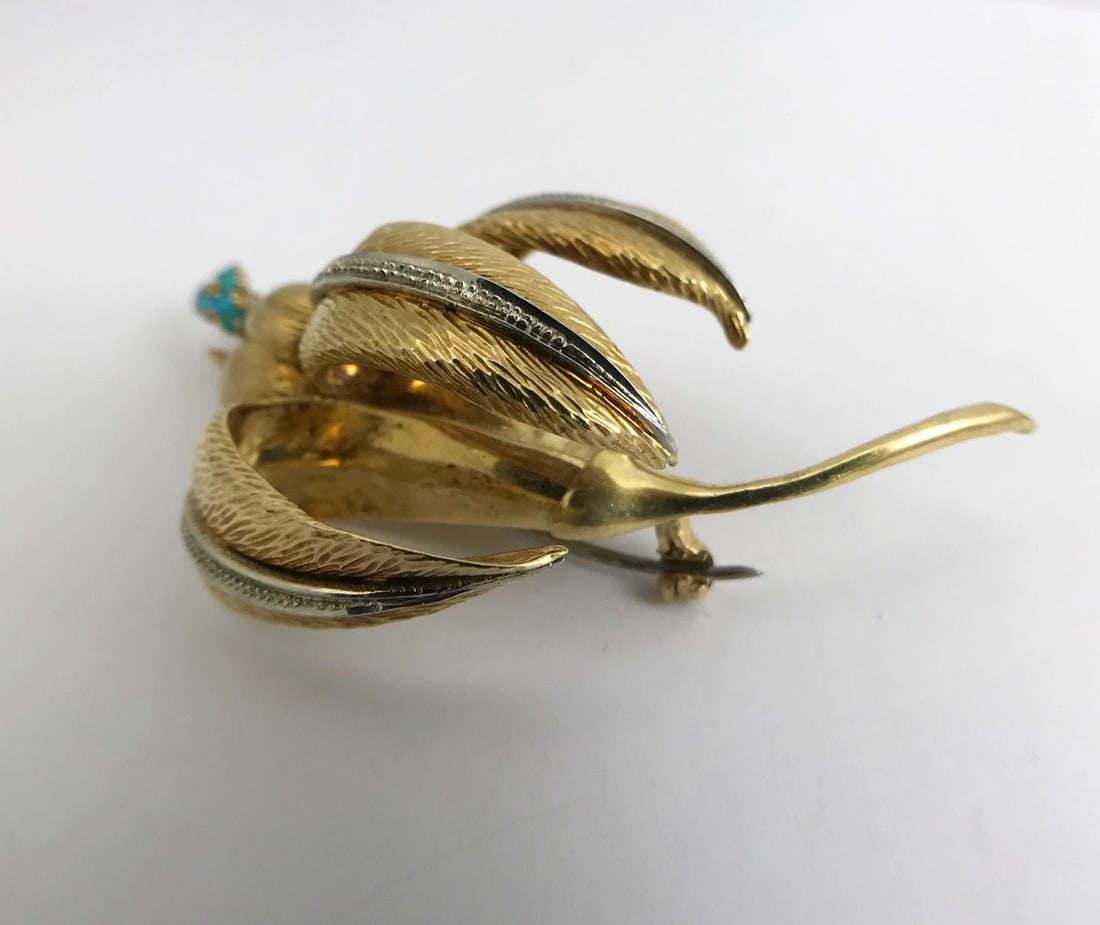 Vintage 1950's Turquoise Flower Brooch Pin in 18K Yellow Gold, 19 Grams - 11