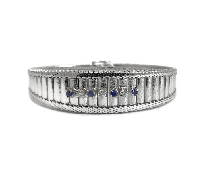Vintage Blue Sapphire Diamond Wide Flex Bracelet 14K White Gold, 32.22 Grams (1 of 13)