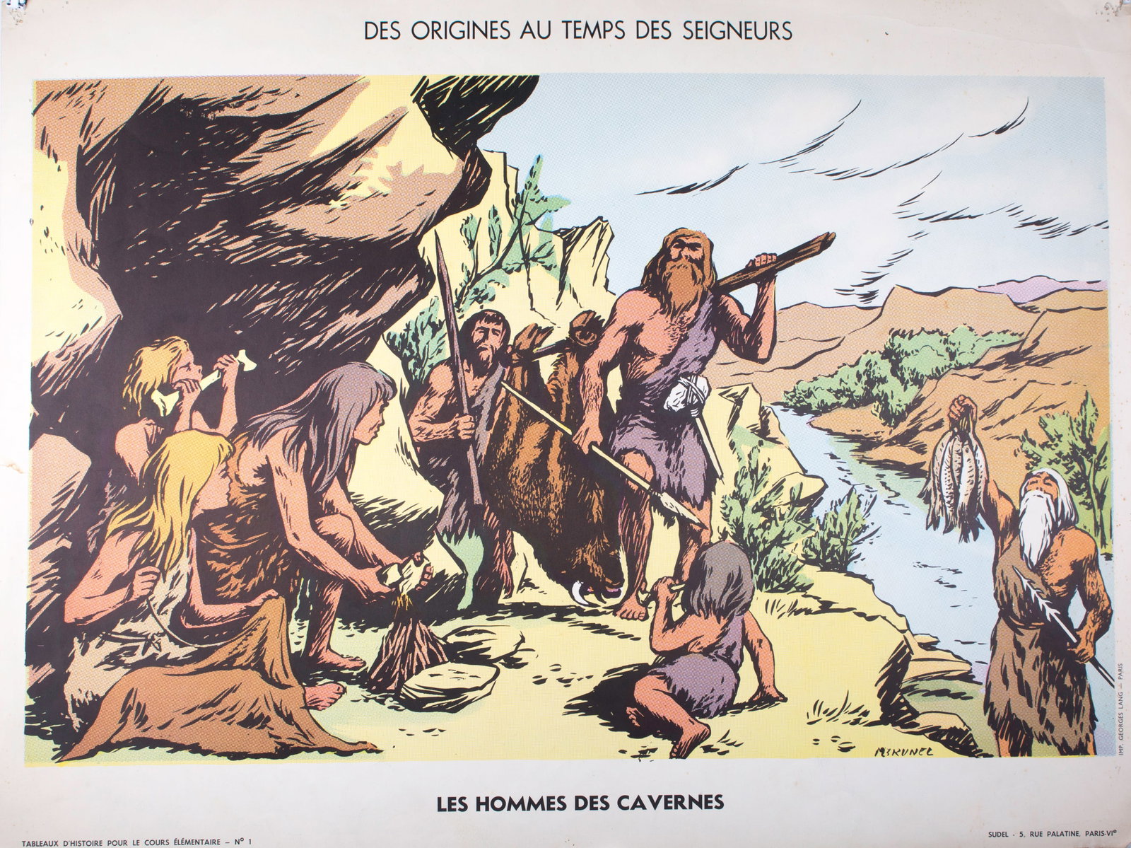 Vintage History french School Poster, Georges Lang 1 and 5 circa 1950: Original educational history poster for elementary school, printed by the Imprimerie Georges Lang. Carries a vibrant offset print on both sides of the paper. This features No.1and 5 from the Tableaux