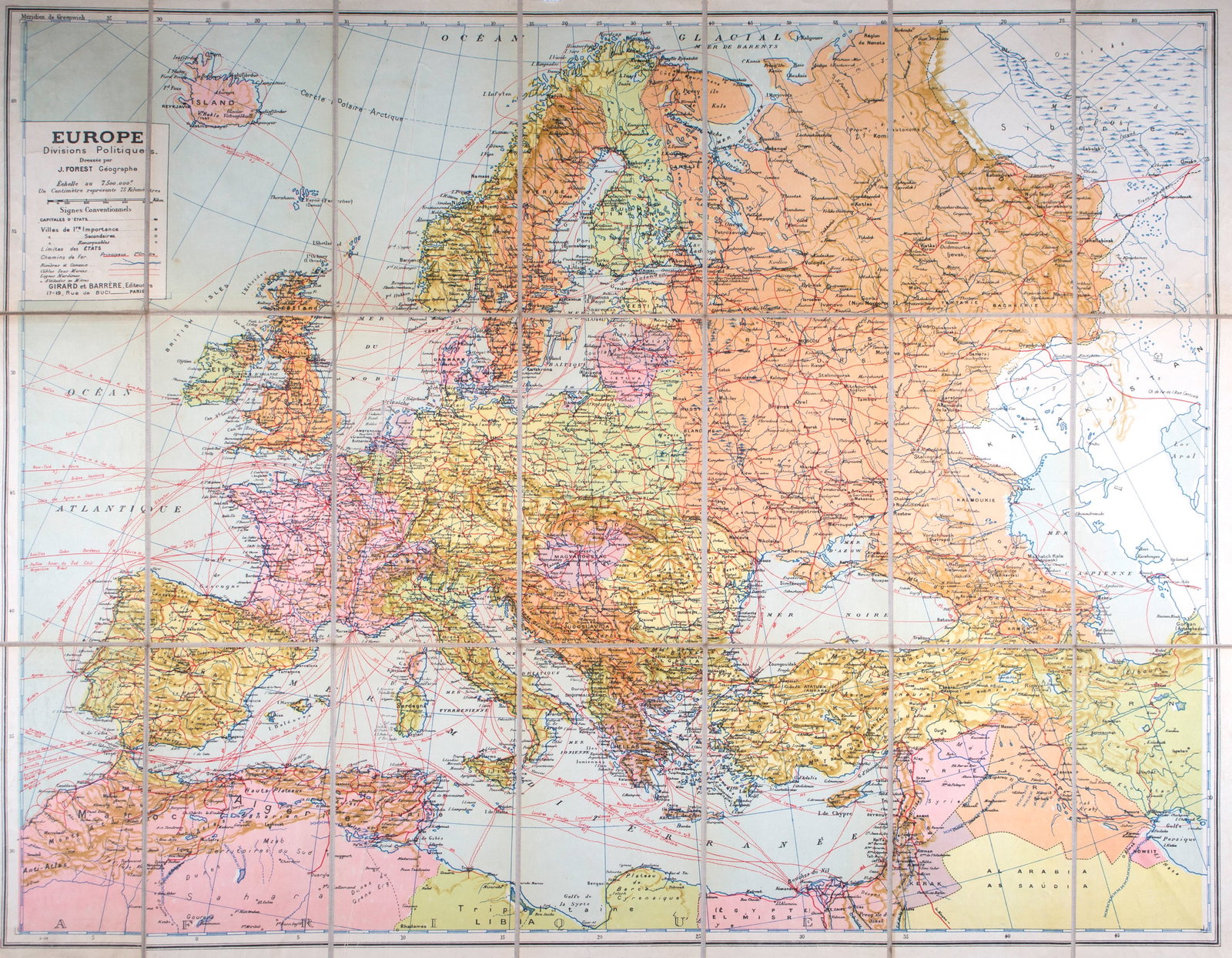 Joseph Forest large map of Europe with train line 1930 (1 of 3)