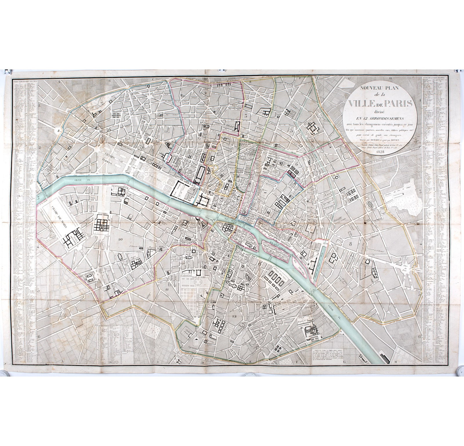 1828 large French map Nouveau plan de la ville de Paris 12 arrondissements: Nouveau plan de la ville de Paris divisé en 12 arrondissements avec tous les changements executes jusqu'à ce jour tel que nouveaux quartiers, nouvelles rues, édifices publics etc pour s