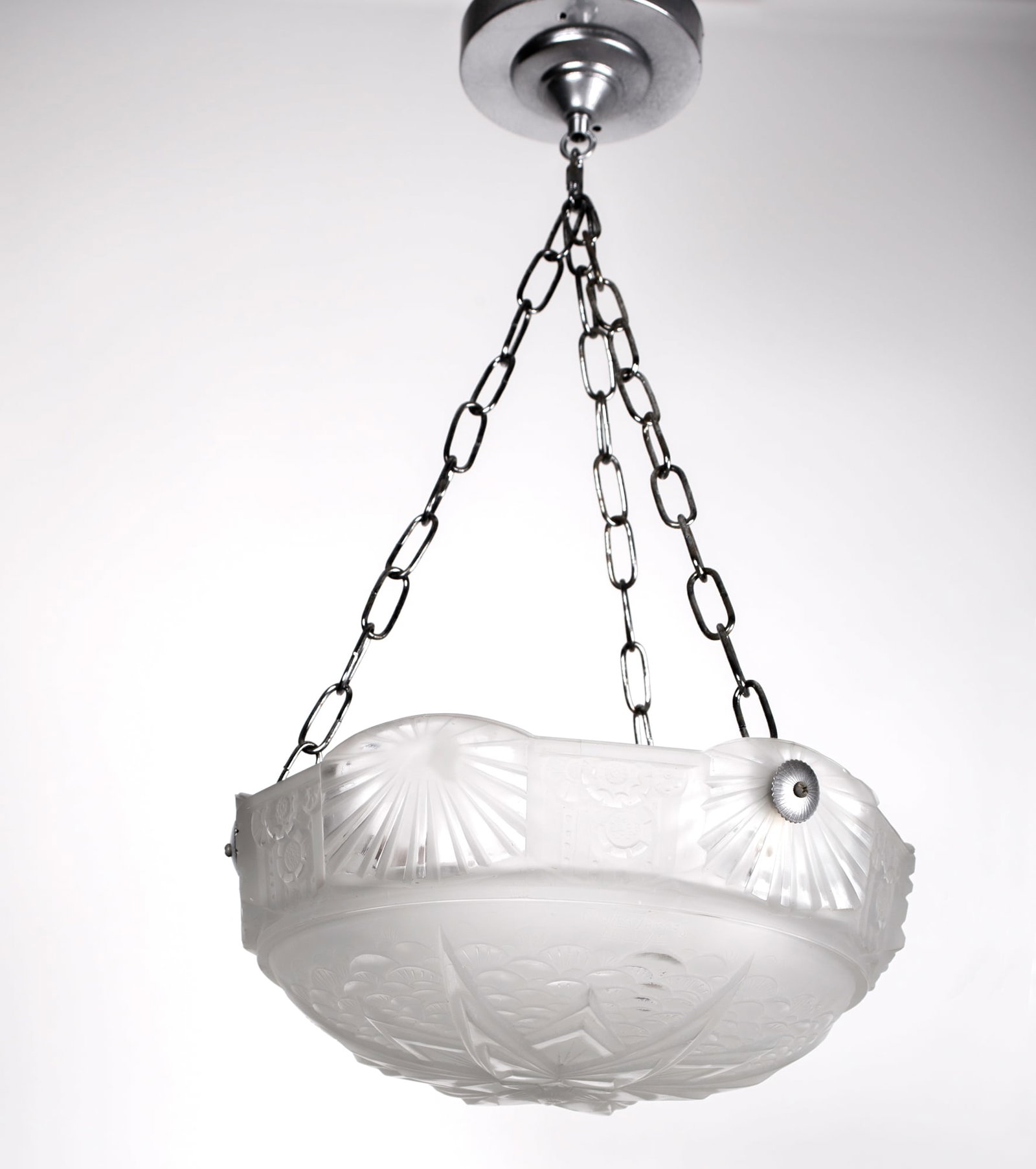 Large FRENCH ART DECO CHANDELIER GLASS MULLER cubist motive: This chandelier, crafted in France during the late 1920s to early 1930s, is a signed piece by the Muller brothers , whose renowned work was highly desired for their chandeliers and art glass pieces. H