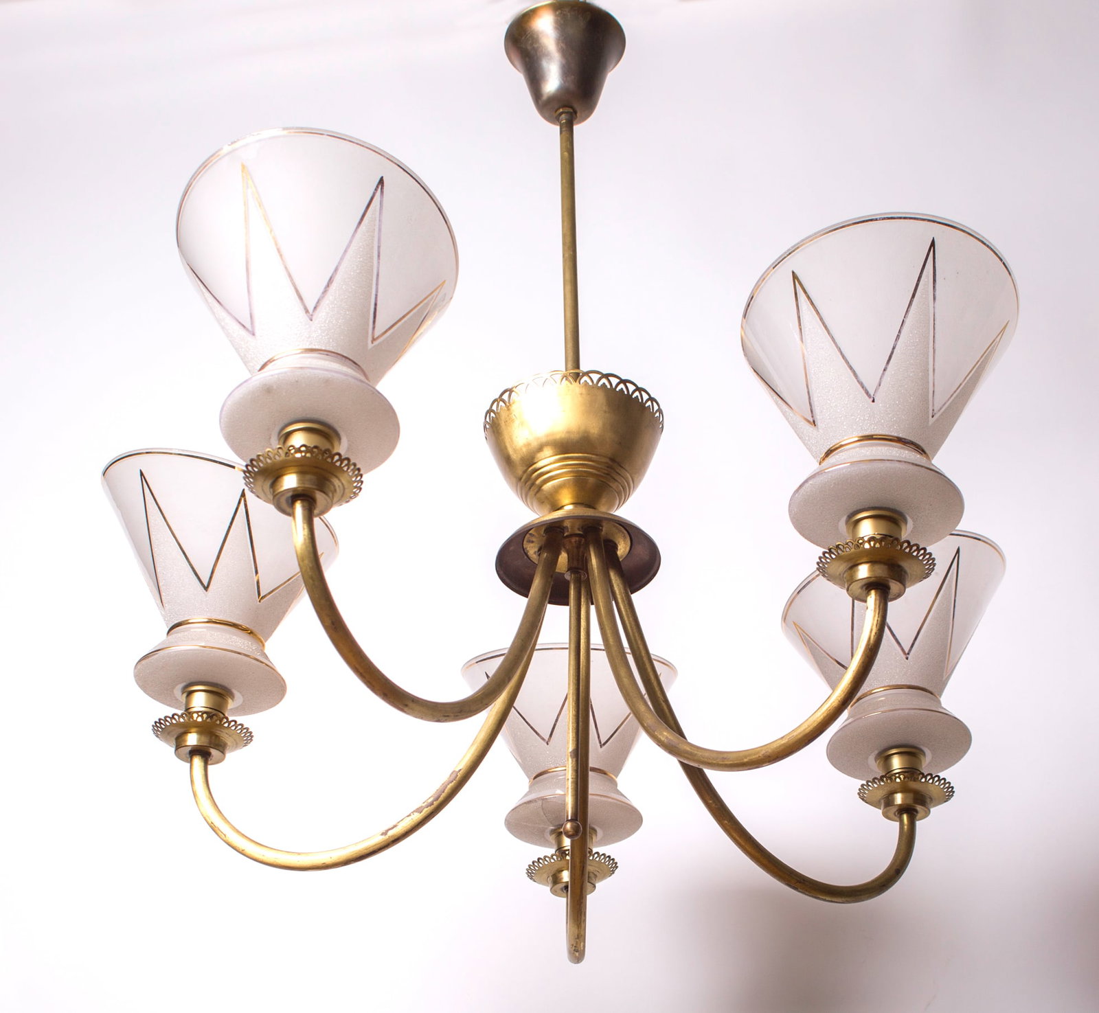 FRENCH modernist CHANDELIER LUNEL ARLUS 1960 Glass globe: Made in France in the late 1950's early 1960's this Chandelier is most likely a design from Arlus or Disderot . Original brass , some oxidation , fitted with American socket .It is the last time in Fr
