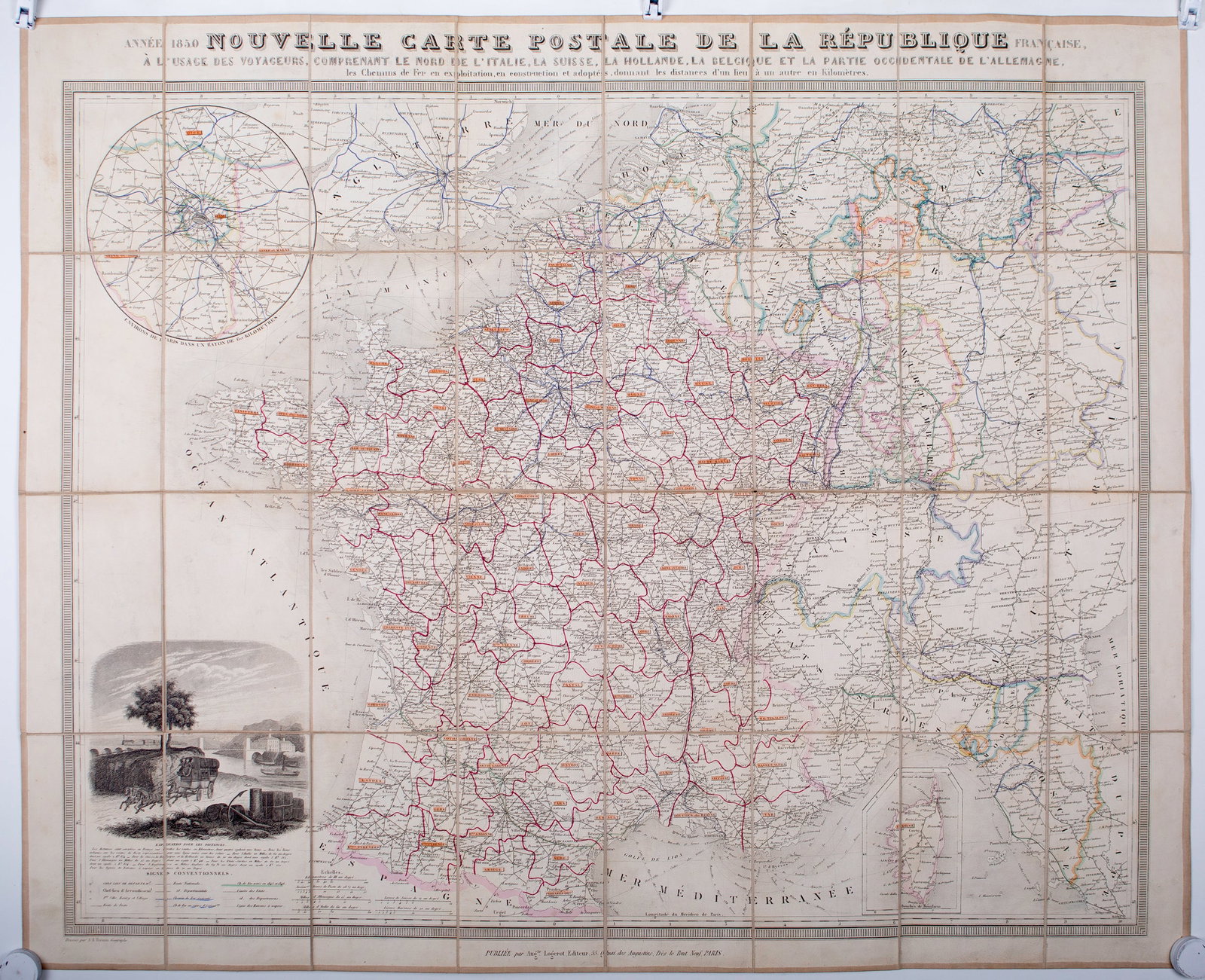 French map of France postal service Logerot Paris 1830 , Fremin geographer: large French map of france postal service circa 1830 edited by “Logerot 55 quai des Augustine ” little is know about this publisher beside his location ,Auguste Logerot ( aka Augustin Nico