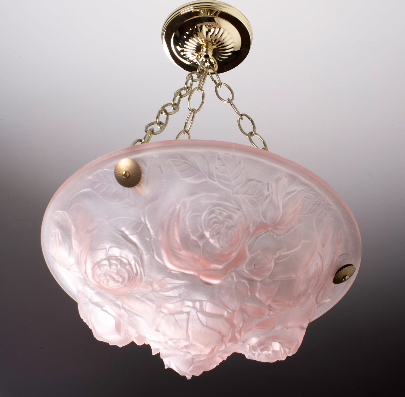 FRENCH ART DECO CHANDELIER GLASS MULLER Rose flower motive pink: This chandelier, crafted in France during the late 1920s to early 1930s, is an unsigned piece by the Muller brothers , whose renowned work was highly desired for their chandeliers and art glass pieces
