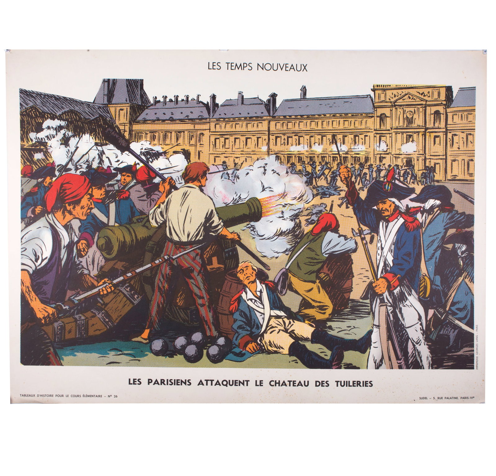 Vintage History French School Poster, Sudel , plate 26 double side1950: Original educational history poster for elementary school, printed by the Imprimerie Georges Lang. Carries a vibrant offset print on both sides of the paper. This features No. 26 from the Tableaux d'H