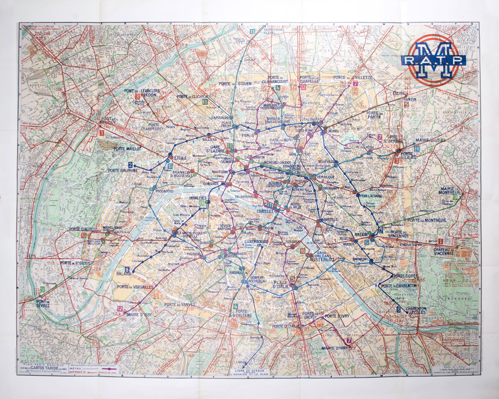 Large Paris subway map with numbered lines 1953 Tarride (1 of 5)