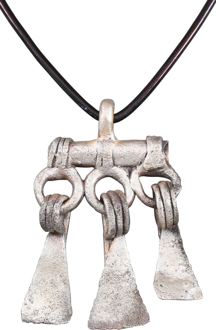 VIKING SORCERER'S AMULET PENDANT NECKLACE, 10TH-11TH CENTURY AD: Four pieces comprise a lateral bar with integral shackles suspending three stylized duck feet. A burial at Viden, Denmark contained the body of a woman of wealth and status buried with henbane seeds,