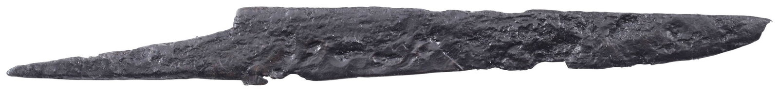 VIKING SIDE KNIFE OR POUCH KNIFE, 879-1067 AD CAMBRIDGESHIRE, ENGLAND: Cambridgeshire, England. Just under 3 1/2” (3.43”) total length with wedge section blade for slashing and tapered "whittle tang" which identifies these, as they were used without guards,