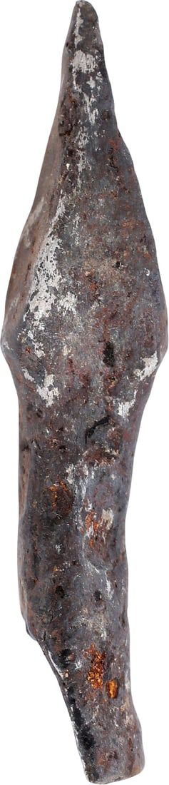 EUROPEAN CRUSADER'S CROSS BOW BOLT: 12th century, period of the first three crusades. Forged iron, slightly over 2" length with elongated pyramidal point and opened seam conical socket. Sized to overcome the light protection of the of