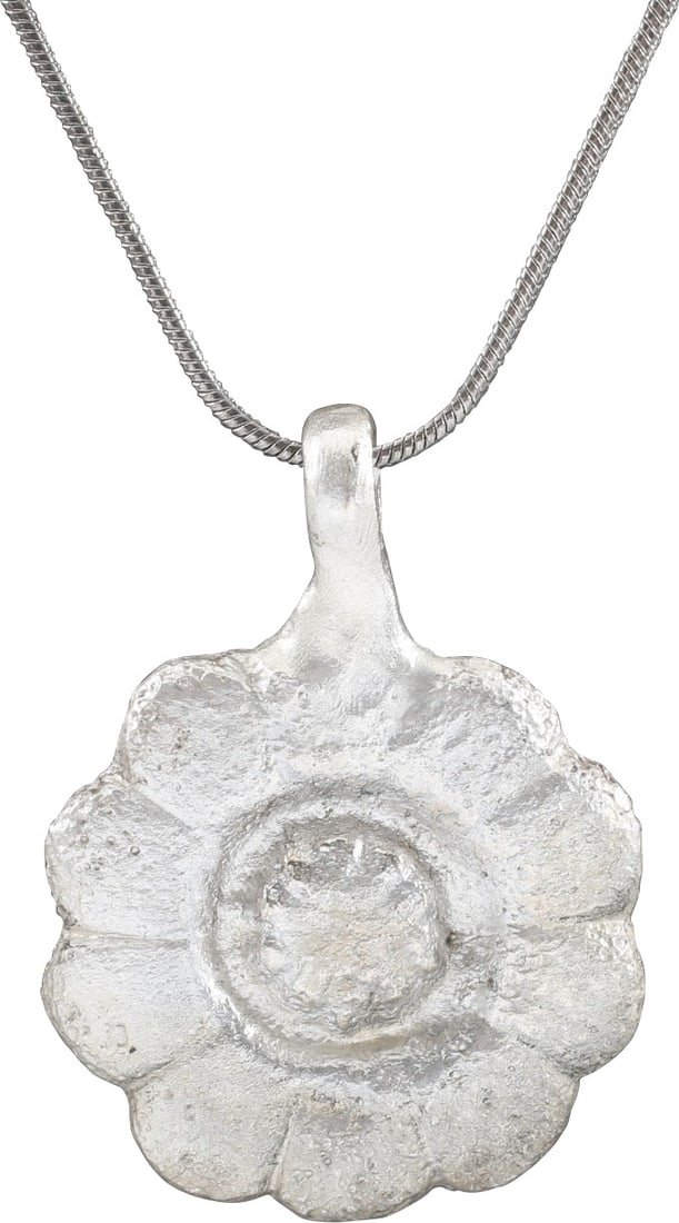 ROMAN WHEEL OF FORTUNE AMULET NECKLACE, 3ND-6TH CENTURY: The Wheel of Fortune (Rota Fortuna) is one of the most enduring of ancient philosophical or religious concepts. It was pivotal in Ancient Greek and Roman Paganism and smoothly transitioned into