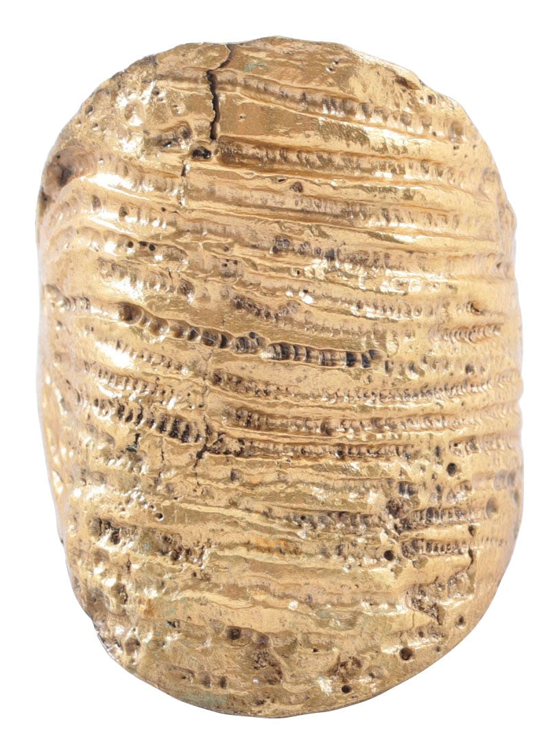 SUPERB VIKING SHIELD RING, C. 9TH-10TH CENTURY, SIZE 10-10 ½: Ring size 9 ¼. The oval bezel is just over 1 1/4" (1.27") in length. Broad overlapping prong band allowing for some adjustment. The large oval bezel with filled with raised transverse ridges flan