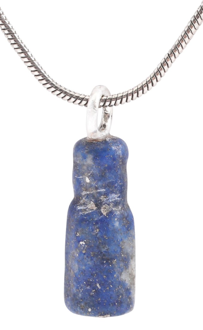 VIKING LAPIS LAZULI AMULET NECKLACE C.800-1050 AD: Hand-crafted gemstone of bottle form with faceted body and compressed neck. Part of a larger necklace of “aegis” form with several tiers strung and cross-bound into a matrix. These