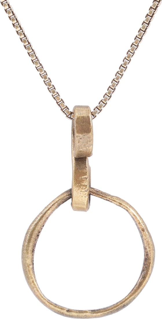 VIKING BEARD RING NECKLACE, 9TH-11TH CENTURY: Round with slightly rounded face, 0.51” inside diameter and 0.60” outside. The use of beard rings by Vikings is well documented though very few genuine examples survive. Professionally ref