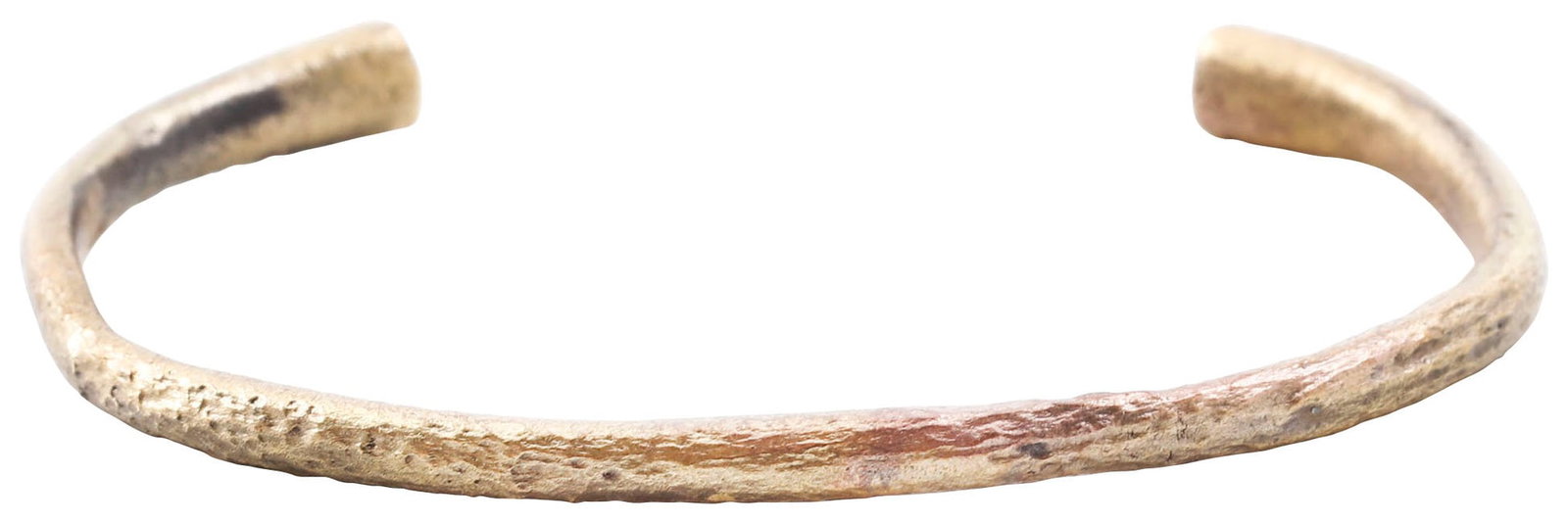 LARGE VIKING WOMAN WARRIOR’S BRACELET, 10TH-11TH CENTURY AD: Gilt bronze, just under 2 3/8” (2.42”) inside dimension. Rounded section, C form, expanding from the middle to the terminals. Surface degraded and textured from burial. Professionally refu