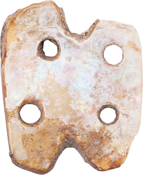 PRECOLUMBIAN MOTHER OF PEARL SHELL ORNAMENT: From an advanced collection of a Detroit doctor who had a home in Acapulco and purchased it there. Identified as Mayan warrior's badges with a contemporary reference supporting that attribution. In