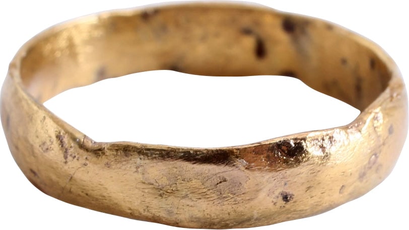 LARGE VIKING WEDDING RING, 9th CENTURY AD, SIZE 11: 9th century, Cambridgeshire England. Bronze, with a rounded face and of broad 5.3mm width. Vikings exchanged rings on the pommel of the groom's sword. Surface textured from burial. Professionally refu