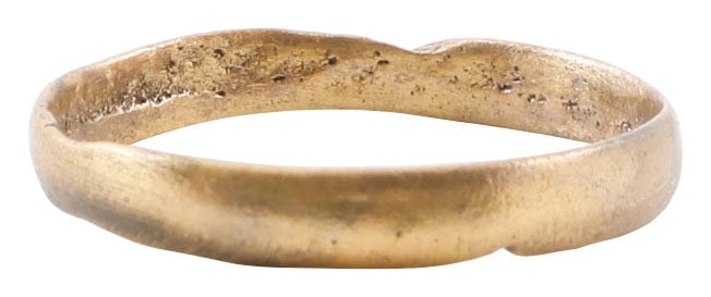 GOOD VIKING WARRIOR’S WEDDING RING, SIZE 9: Large wearable size 9 with rounded face. 3.2mm width. Surface textured from burial and the24karat gold surface restored for modern wear. Dating around 900-1000 AD and gift boxed with certificate of