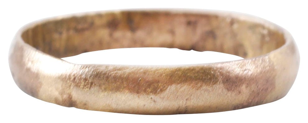 VIKING WOMAN WARRIOR’S WEDDING RING SIZE 6 3/4: 850-1050AD. Bronze, size 6 3/4, 3.2mm width with very slightly rounded face. Professionally refurbished with the 24karat gold surface restored and gift boxed with certificate of authenticity. •C
