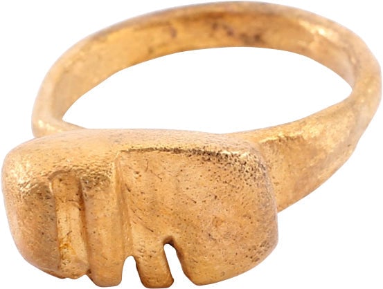 ROMAN KEY RING C.100-300 AD SIZE 10: Fine example. Gilt bronze, size 10. Broad rounded band, 3.2mm, with integral intricately toothed key projection. These rings were used to open jewelry boxes, the ownership of which was prestigious. As