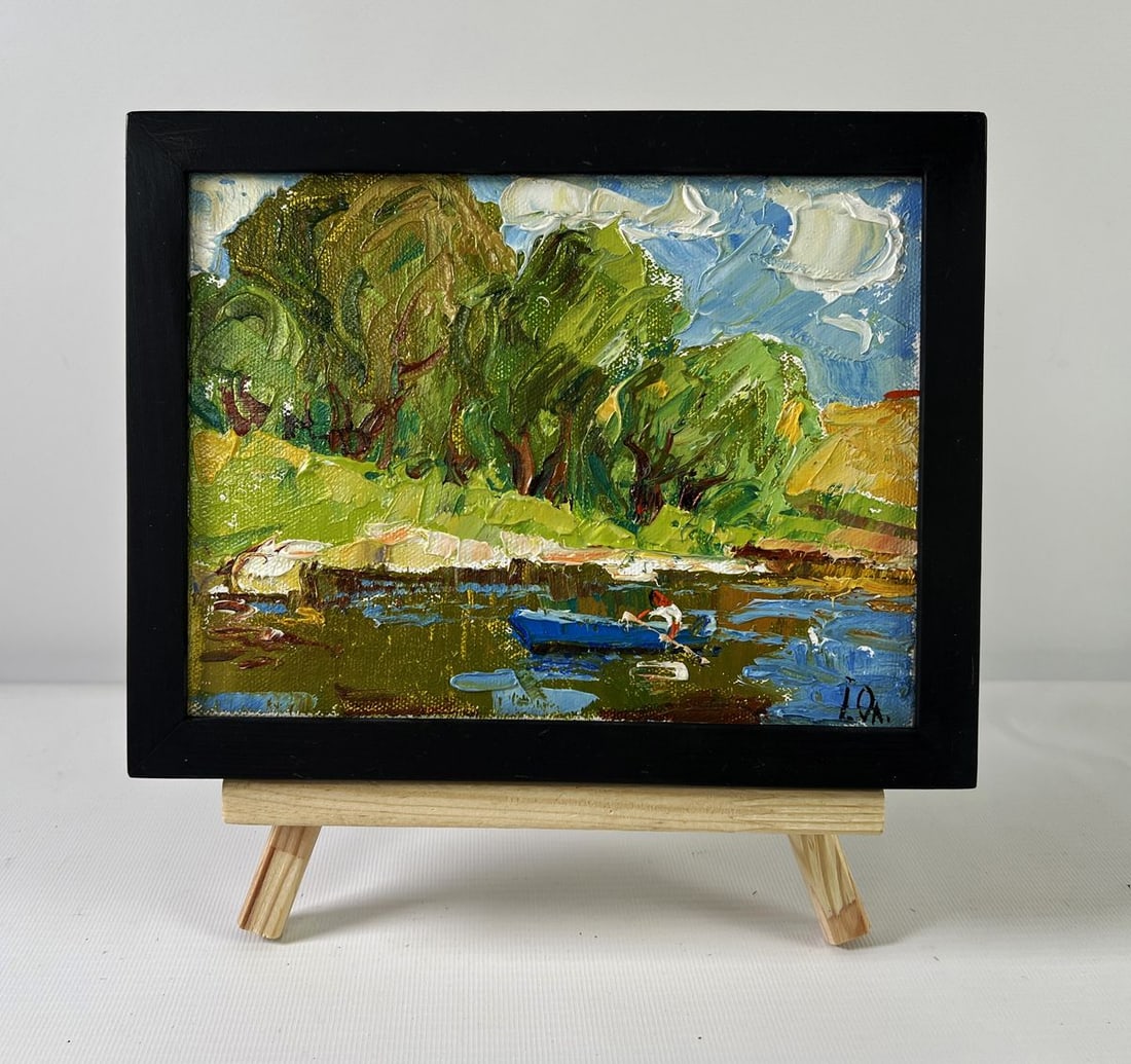 Oil painting Willows by the pond Alex Kalenyuk: Title: Oil painting Willows by the pond Alex Kalenyuk Description: NoAAA5275The oil painting on Canvas titled "Willows by the Pond" captures a serene and idyllic summer scene in which nature and human