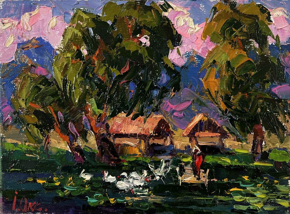 Oil painting Geese in a village lake Oksana Ivanyuk - 3