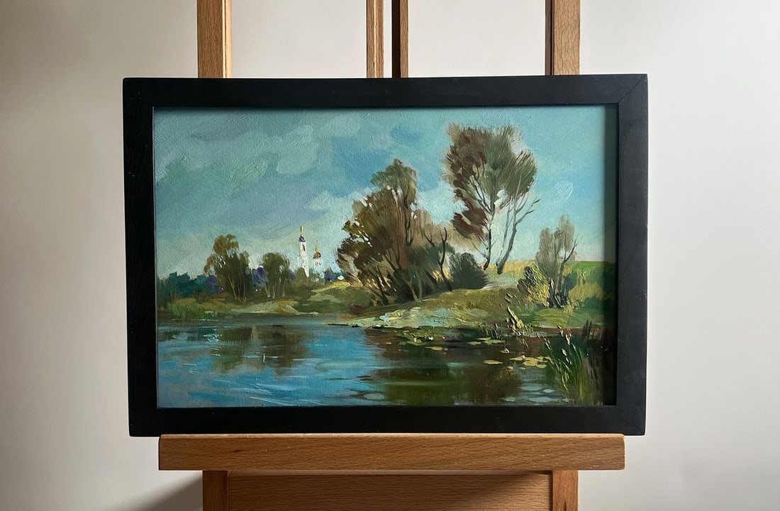 Oil painting There is a lake behind the village Yuriy Suprunchuk: Title: Oil painting There is a lake behind the village Yuriy Suprunchuk Description: NoAAA4175The painting titled "There is a lake behind the village" depicts a peaceful rural landscape, where nature