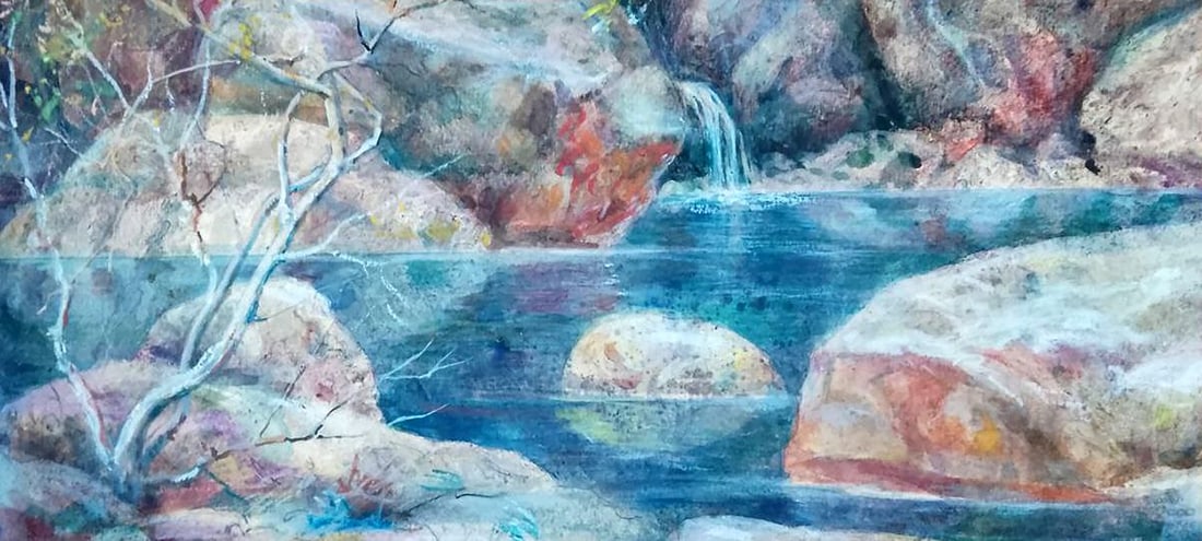 Oil painting Lake in the mountains Vitaly Duhnevich: Title: Oil painting Lake in the mountains Vitaly Duhnevich Description: NoDuhn 58"Lake in the Mountains" by Vitaly Duhnevich invites the viewer into a secluded, untouched corner of nature, where