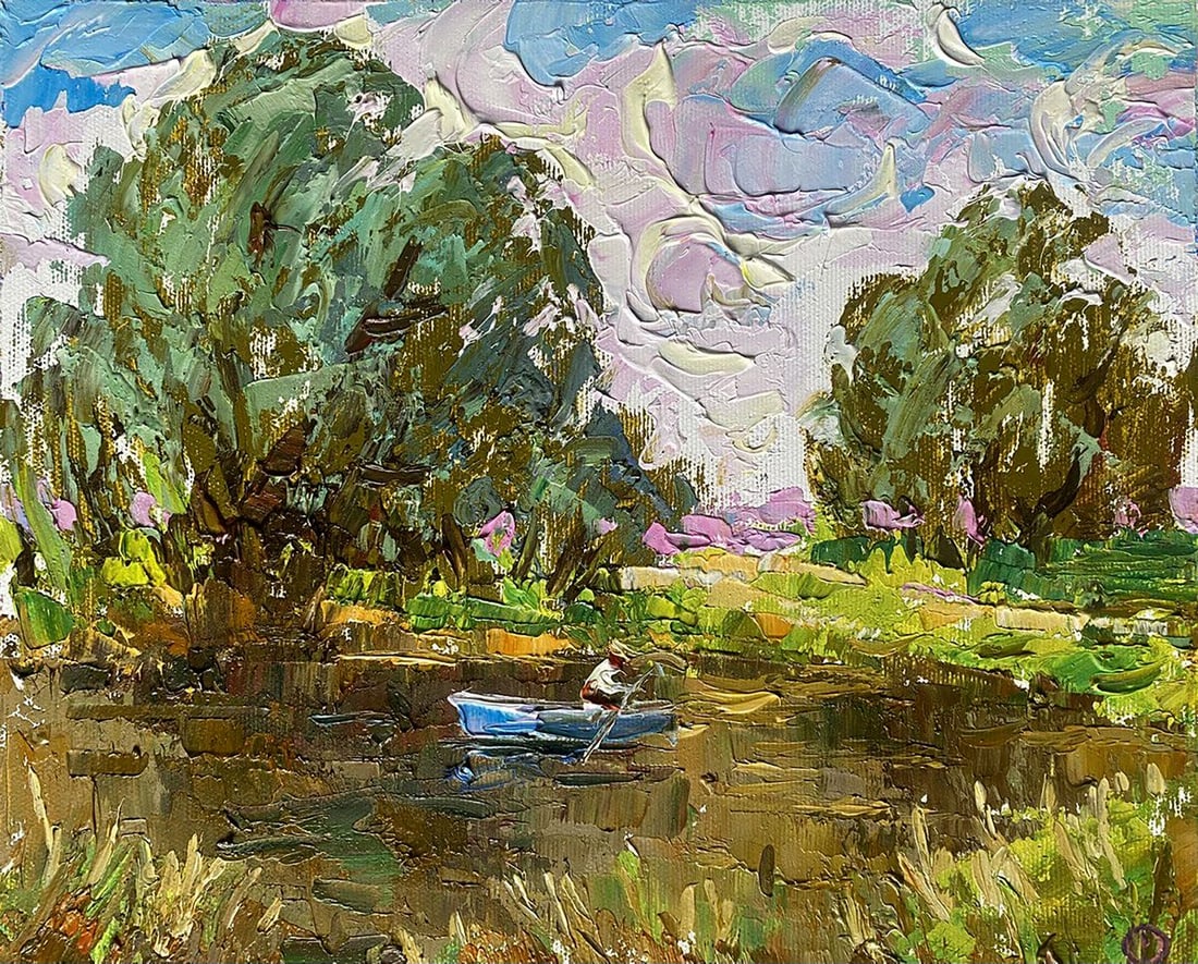 Oil painting Under the willows Alex Kalenyuk: Title: Oil painting Under the willows Alex Kalenyuk Description: NoKalen 1273This expressive oil painting captures a serene riverside scene rich in texture and color. The focal point is a lone