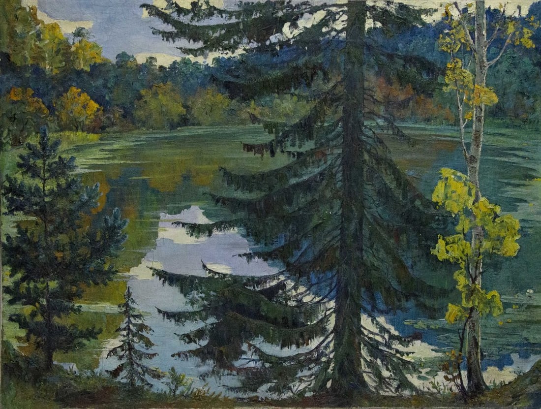 Oil painting Forest Lake Khokhrin Valentin Petrovich: Title: Oil painting Forest Lake Khokhrin Valentin Petrovich Description: NoVernd 35 *** ABOUT THIS PAINTING *** * TITLE: "Forest Lake" * ARTISTS: Khokhrin Valentin Petrovich * SIZE: 142x110 cm/'55.90x