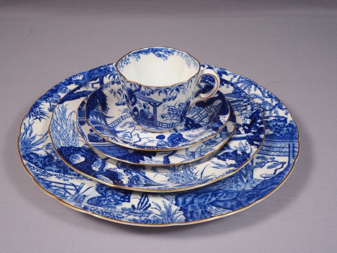 Royal Crown Derby Blue Mikado PLACE SETTING Plate Coffee Teacup England Red mark: Title: Royal Crown Derby Blue Mikado PLACE SETTING Plate Coffee Teacup England Red mark Description: . This beautiful, Bone china Place Setting with Coffee/Teacup and saucer is made by Royal Crown Der