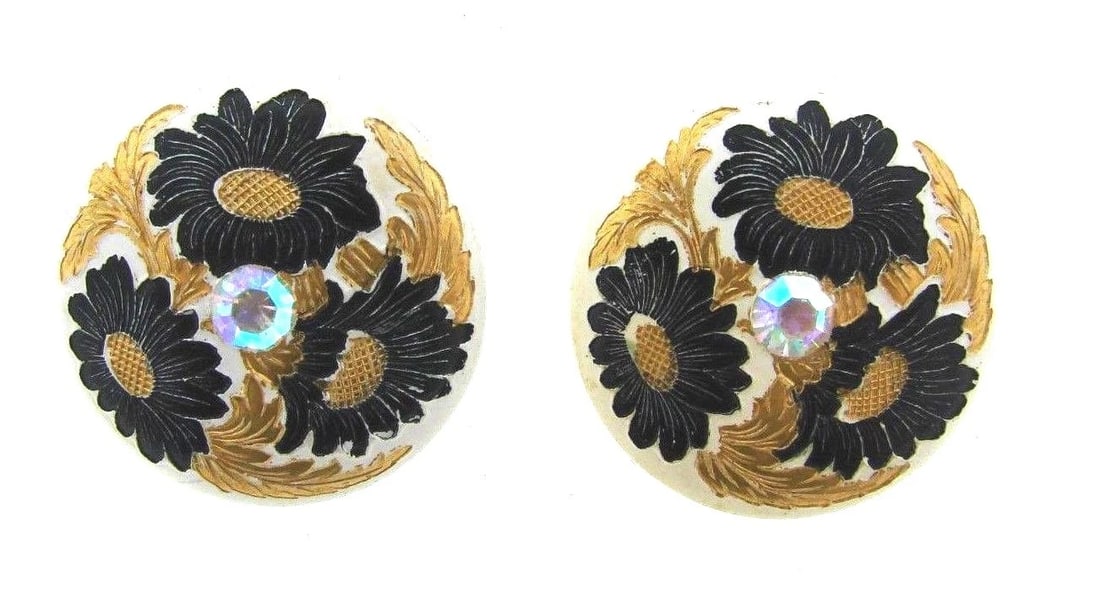 CUTE Bakelite & Crystal Hand Painted Flower Clip On Earrings (1 of 1)