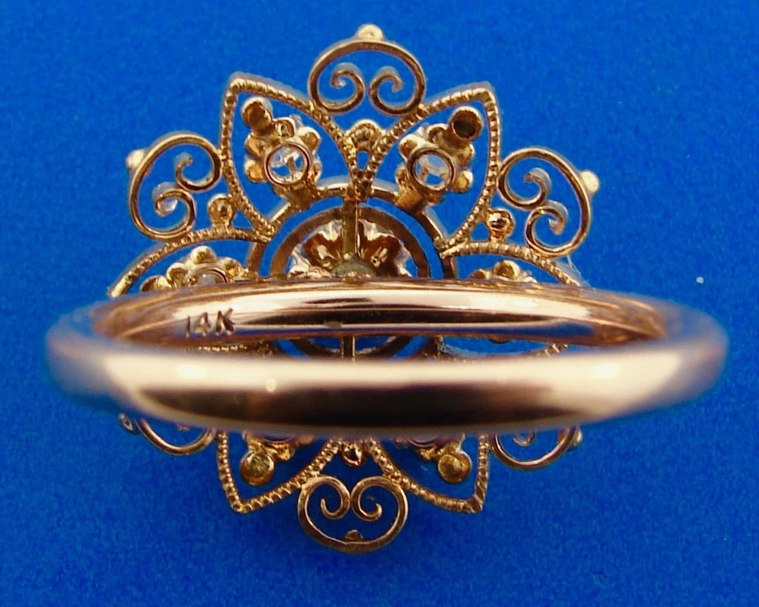 Victorian 14k Yellow Gold Lace Filigree Rose Cut Diamond Slice Flower Ring - 3
