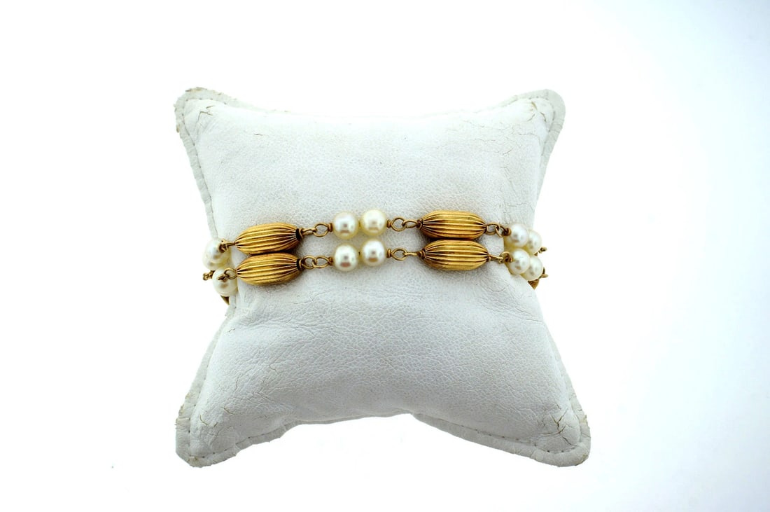 VINTAGE C.1960 14K YELLOW GOLD PEARL BRACELET UNIQUE GREAT GIFT - 5
