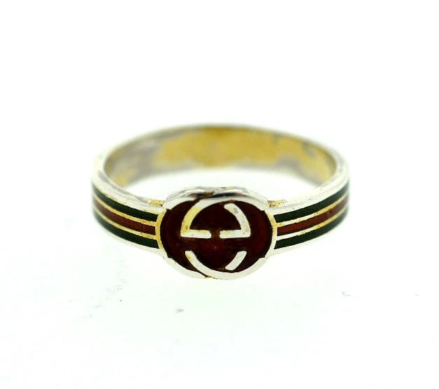 C.1970 STERLING SILVER ENAMEL GUCCI BAND RING STAMPED: Title: C.1970 STERLING SILVER ENAMEL GUCCI BAND RING STAMPED Description: Fine Jewelry, Arts & AntiquesPurveyors and Purchasers ofAntique and Estate Pieces , N-UTO GUCCI STERLING SILVER BAND