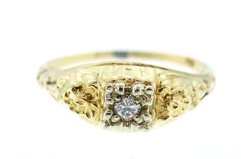 14k Yellow White Gold Diamond Ring: Title: 14k Yellow White Gold Diamond Ring Description: Fine Jewelry, Arts & Antiques NS JGTCute 14k yellow and white gold engaging diamond ring Fine engraving provides beautiful texture Stamped with a