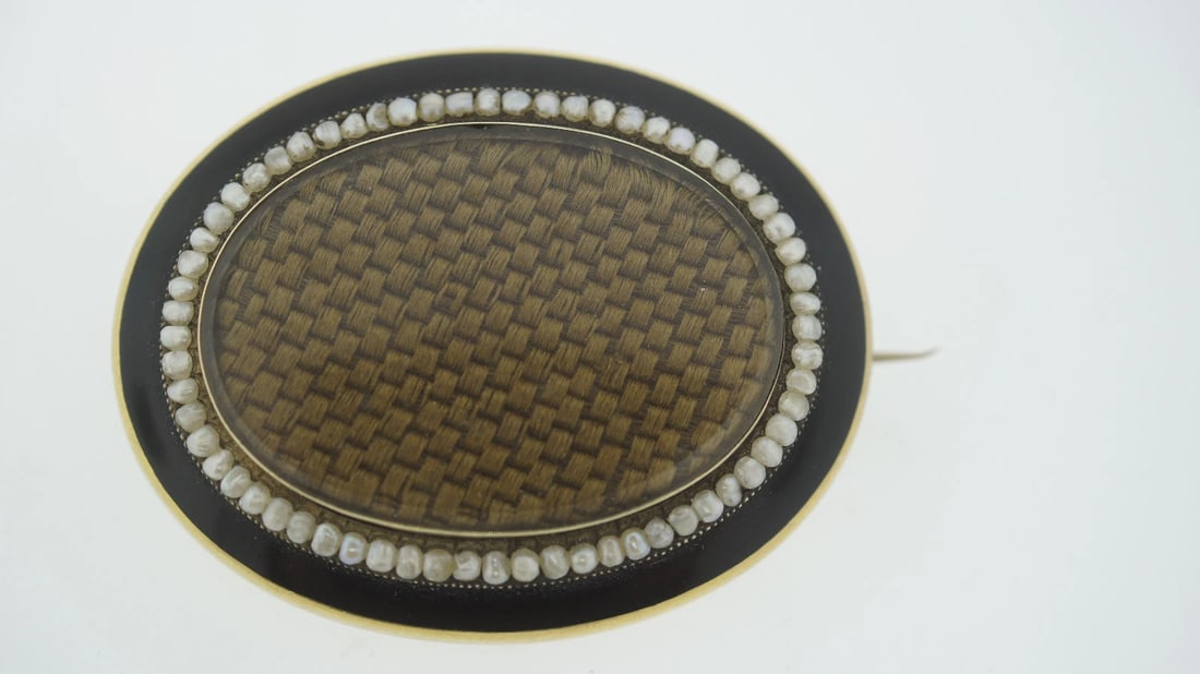 C.1900 VICTORIAN 18K YELLOW GOLD LOCKET BROOCH PIN ANTIQUE ENAMEL MOURNING PEARL - 2